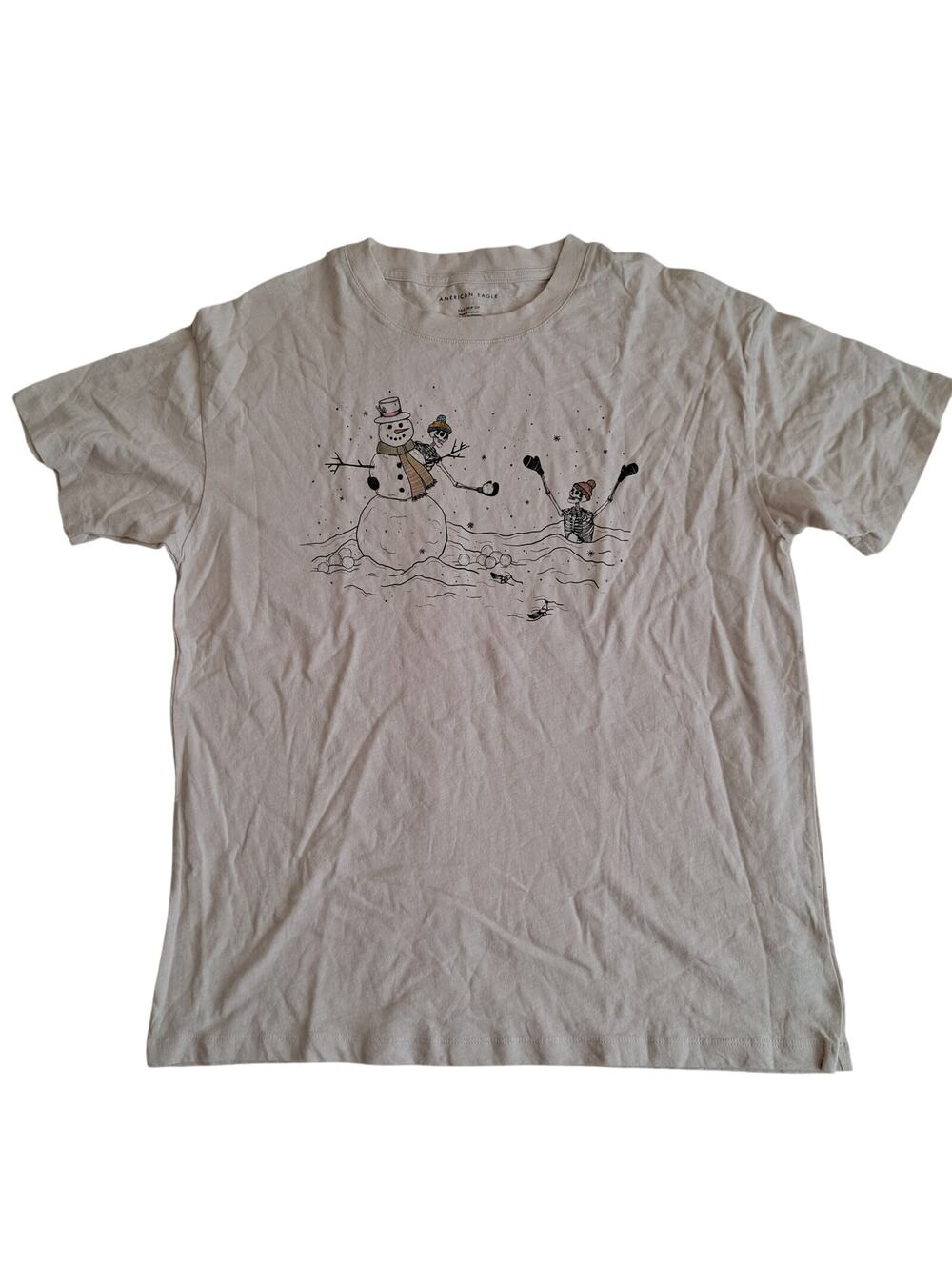 NWT American Eagle T-Shirt Snowman Graphic Short Sleeve Tee Tan Mens Size L XL